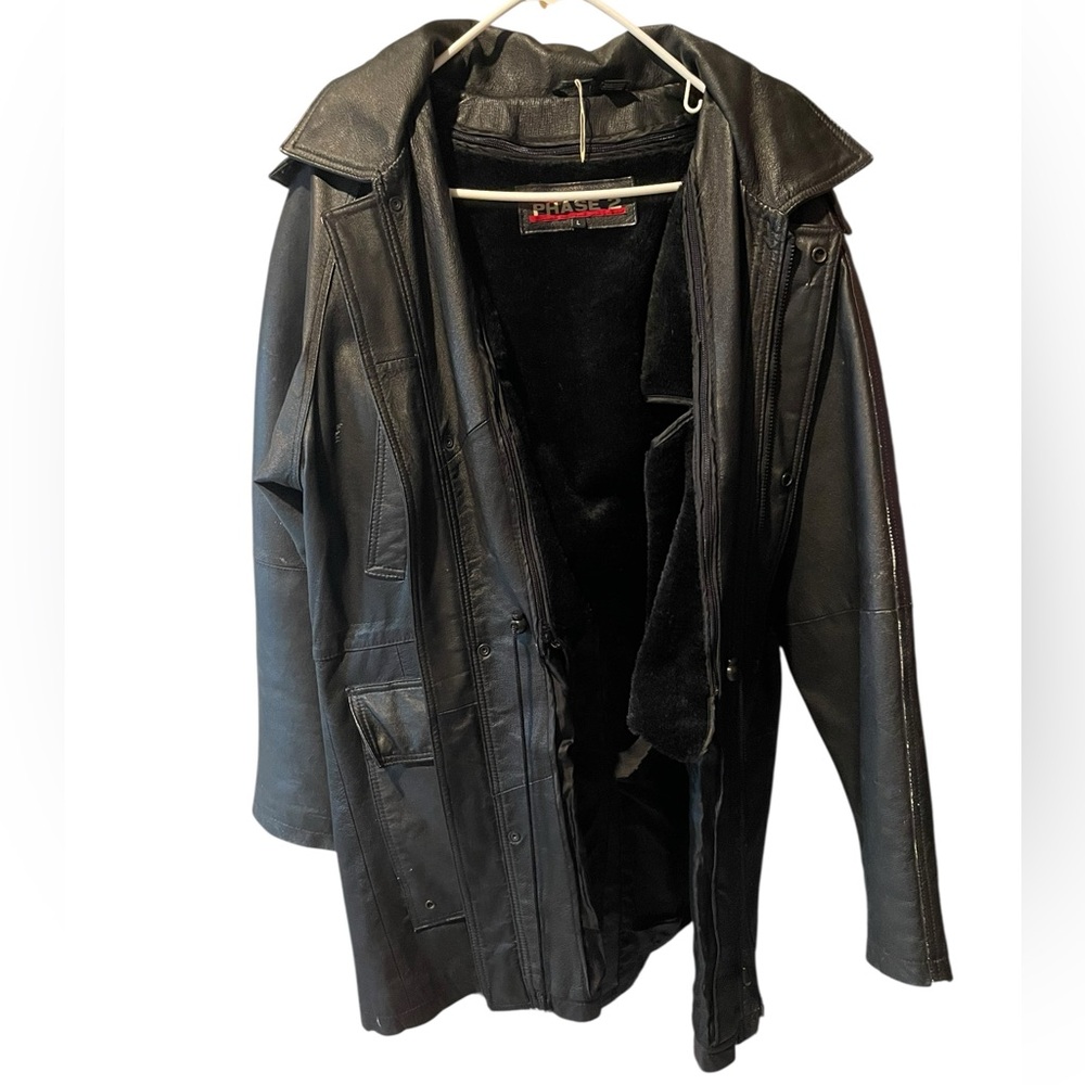 Phase 2 Vintage Men's Leather Hooded Fleece Lined Black Coat Large